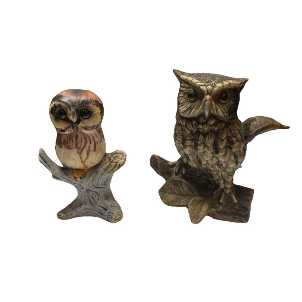 Vintage Homco Bisque Porcelain Owls Figurine Décor Beautiful Set of 2